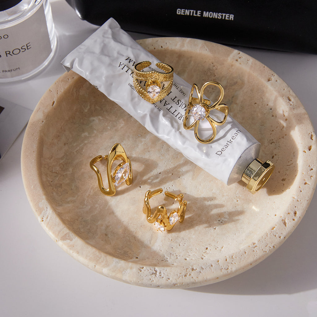 18k Gold Tone Crystal Ring Set - Bow/Heart/Letter/Arrow Designs | INS-Style Stackable Daily/Brunch Finger Jewelry for Women