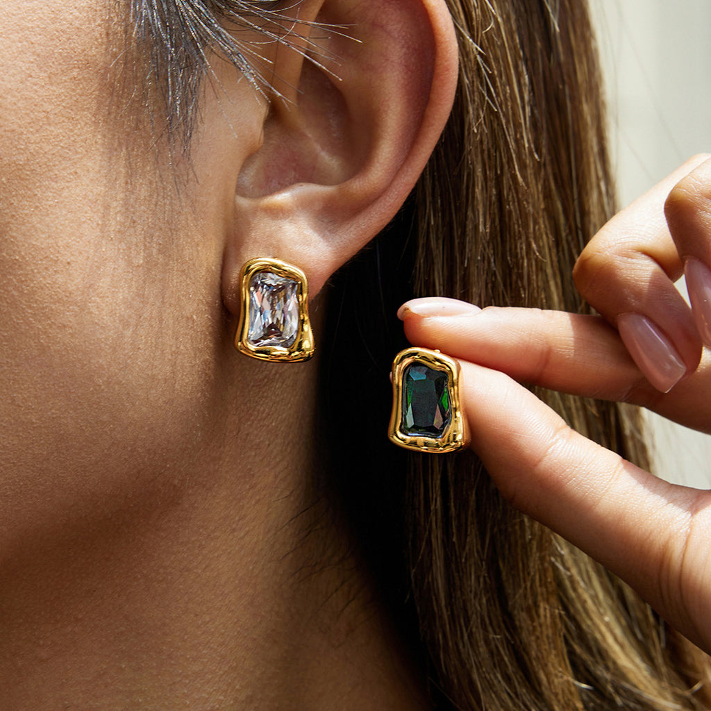 Gold Irregular Frame Gem Stud Earring Set - White/Green/Black Stone Accents | Modern Bold Daily/Brunch Jewelry for Women (Glossy Textured Gold Borders)
