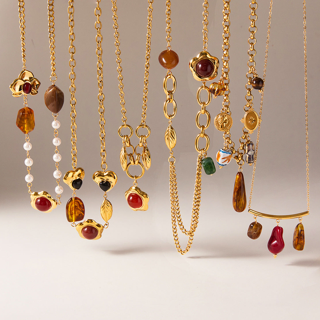 Gold Layered Retro Gem Necklace Set - Pearl/Heart/Leaf/Coin Charms | Vintage Luxury Statement Jewelry for Women (Daily/Party Wear)