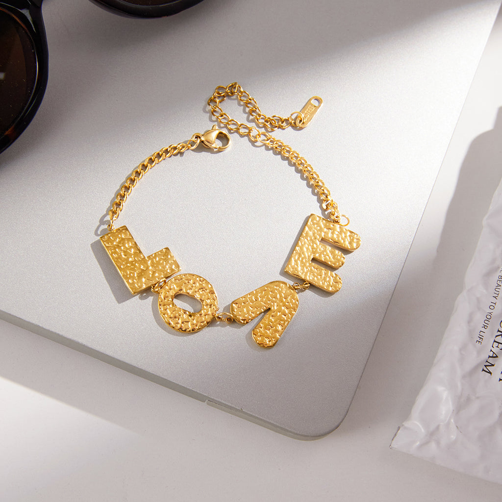 Gold Hammered LOVE Letter Necklace Set - Vintage-Inspired Dainty Chain Jewelry for Women