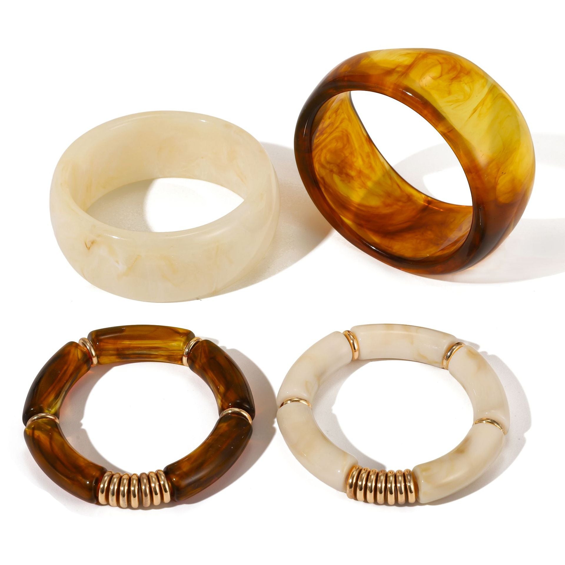 Chunky Tortoise Shell & Cream Resin Bangle Set -  Stackable Acrylic Bamboo Tube Bracelets with Gold Accents
