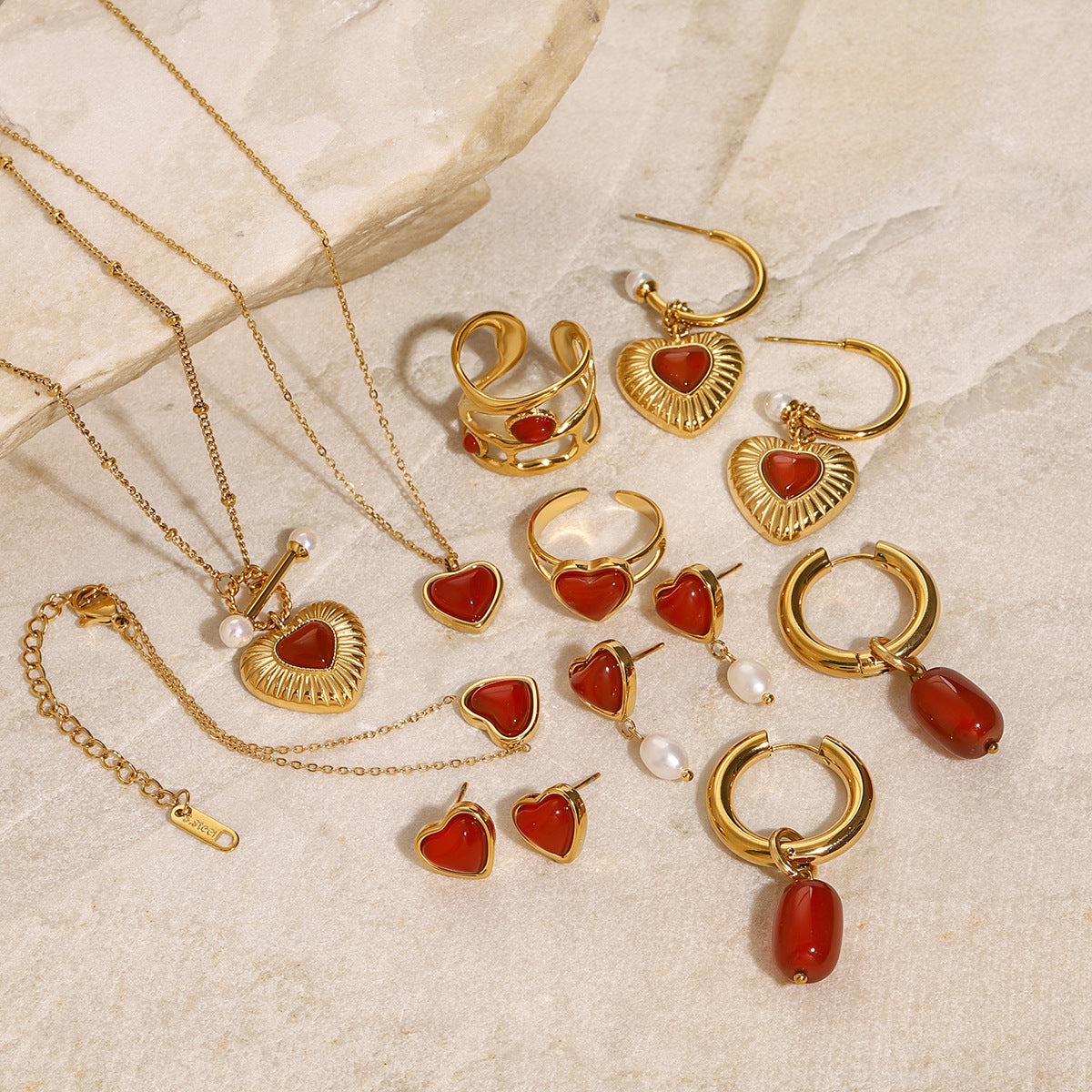 18k Gold Tone Red Heart Gem Jewelry Set - Pearl Accent Necklace/Earrings/Rings | INS-Style Daily/Brunch Accessories for Women
