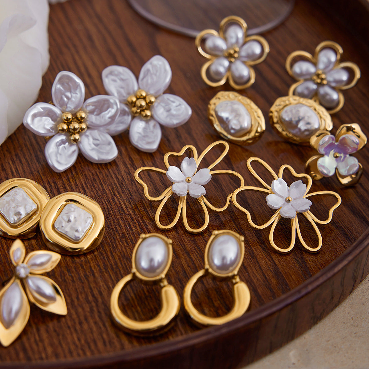 Gold Floral & Pearl Earring Set - Multi-Style Blossom/Leaf/Geometric Designs | Retro Elegant Daily/Brunch Jewelry for Women (Glossy Gold + Pearl/Floral Accents)