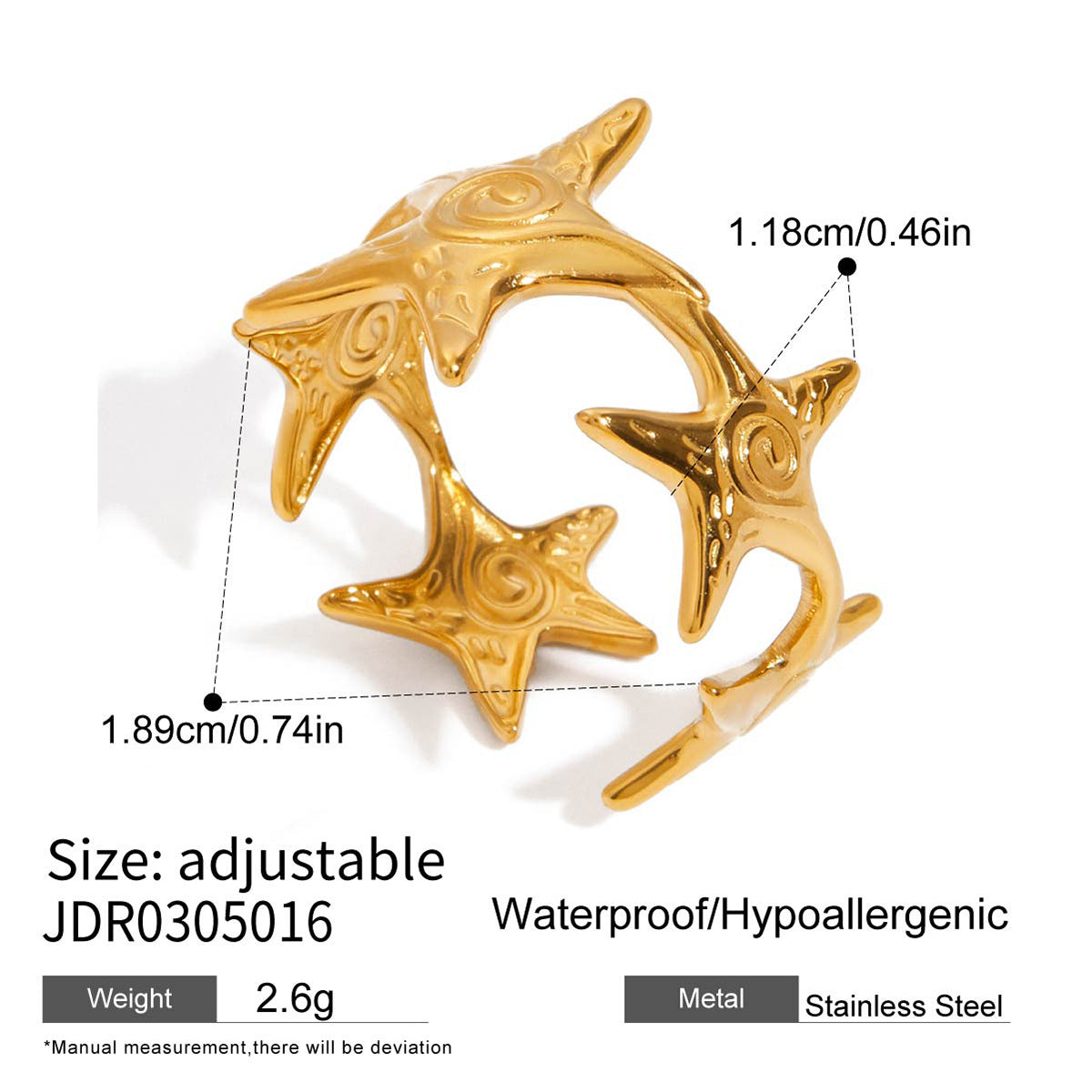 Gold Coastal-Chic Jewelry Set - Starfish/Shell/Coral Rings & Bracelet | Bold Ocean Motif Statement Accessories for Women (Beach/Daily/Brunch Wear)