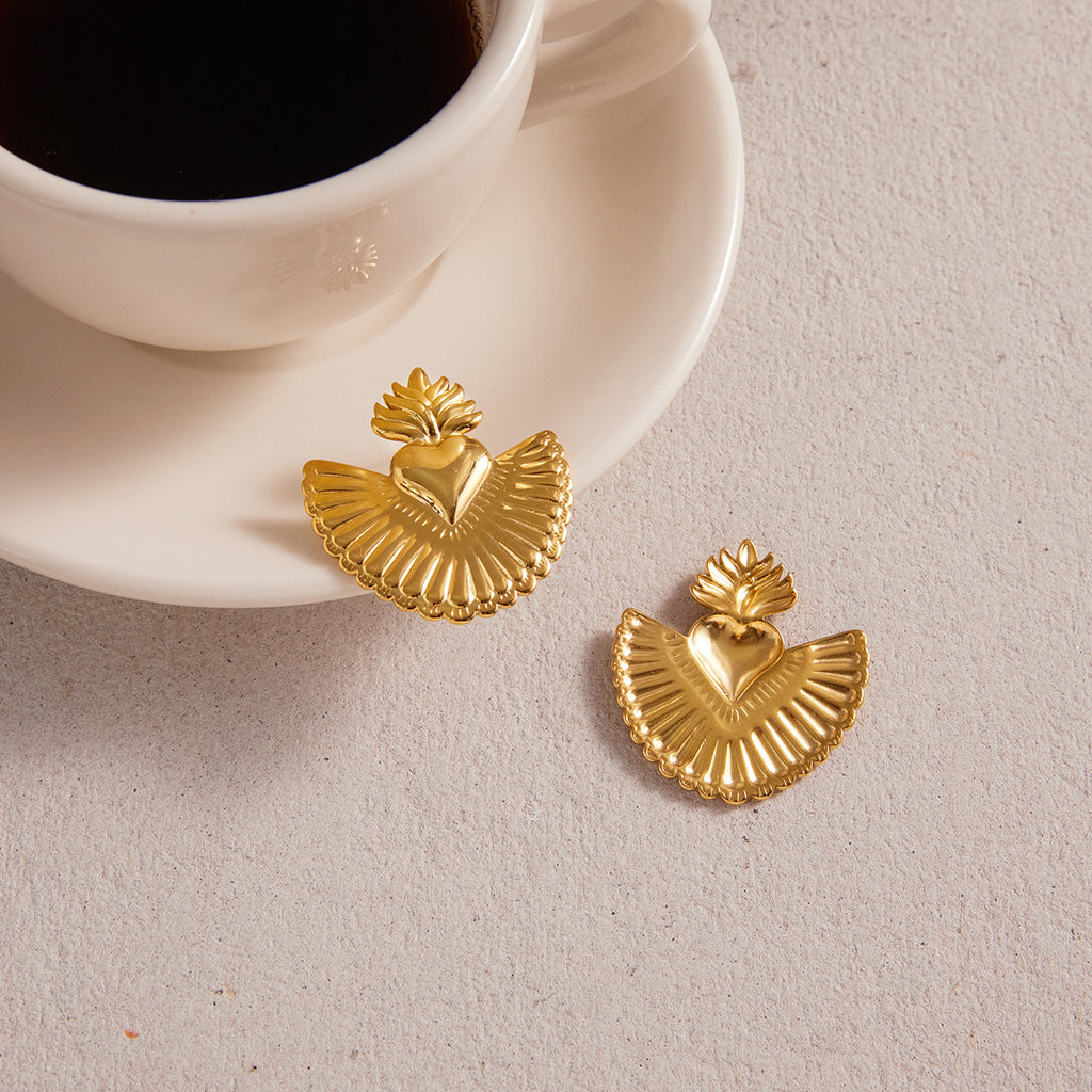 Artistic Golden Sacred Heart Statement Earrings - Vintage-Inspired Bold Jewelry for Women