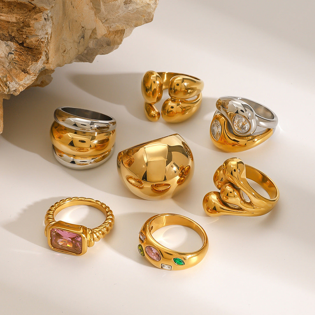 18k Gold/Silver Tone 3D Statement Ring Set - Colorful Gem Accents | INS-Style Stackable Daily/Brunch Finger Jewelry for Women