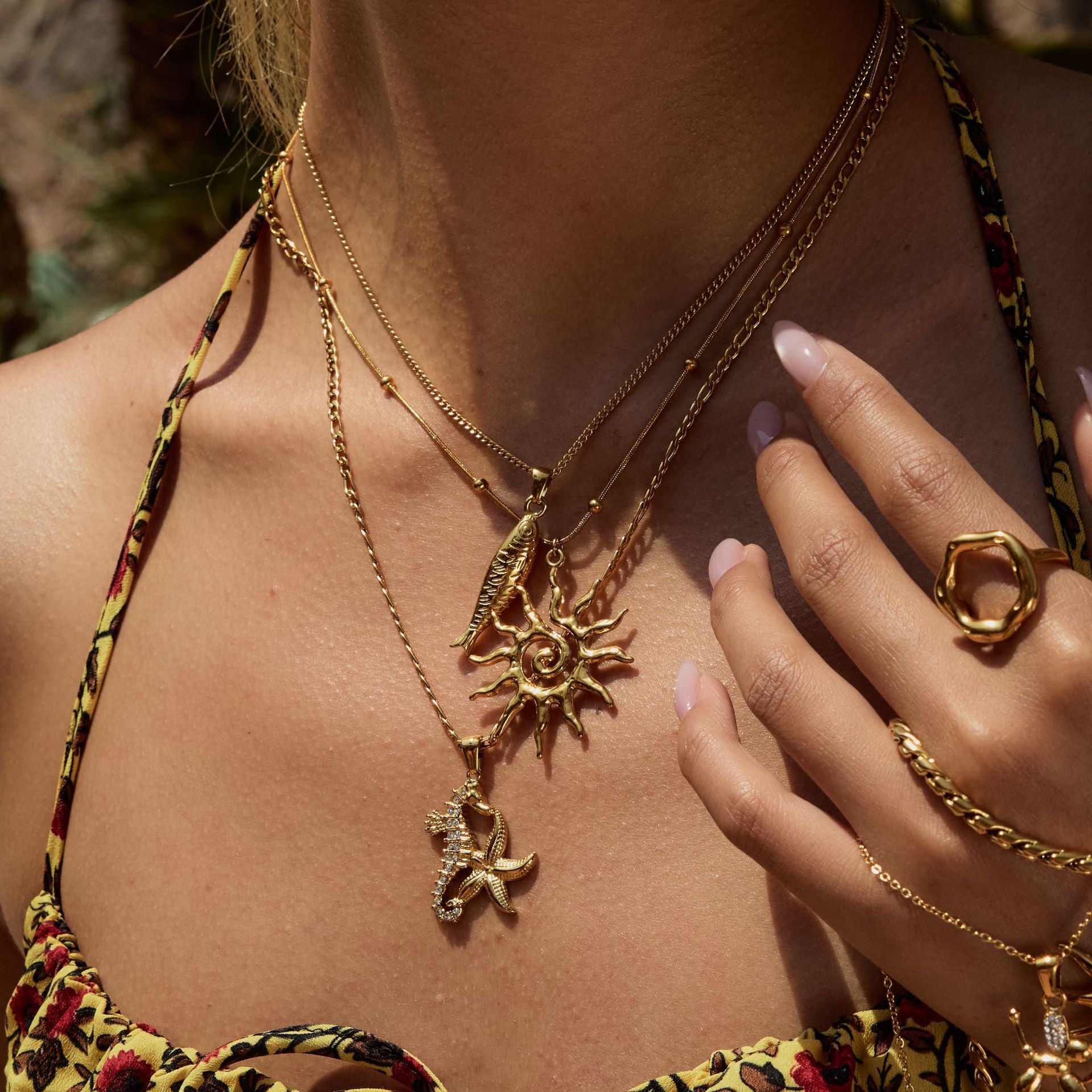 18k Gold Tone Ocean-Themed Jewelry Set - Seahorse/Starfish/Sun Pendants | INS-Style Necklace/Bracelet/Ring Daily/Brunch Accessories for Women 2. Google SEO Title