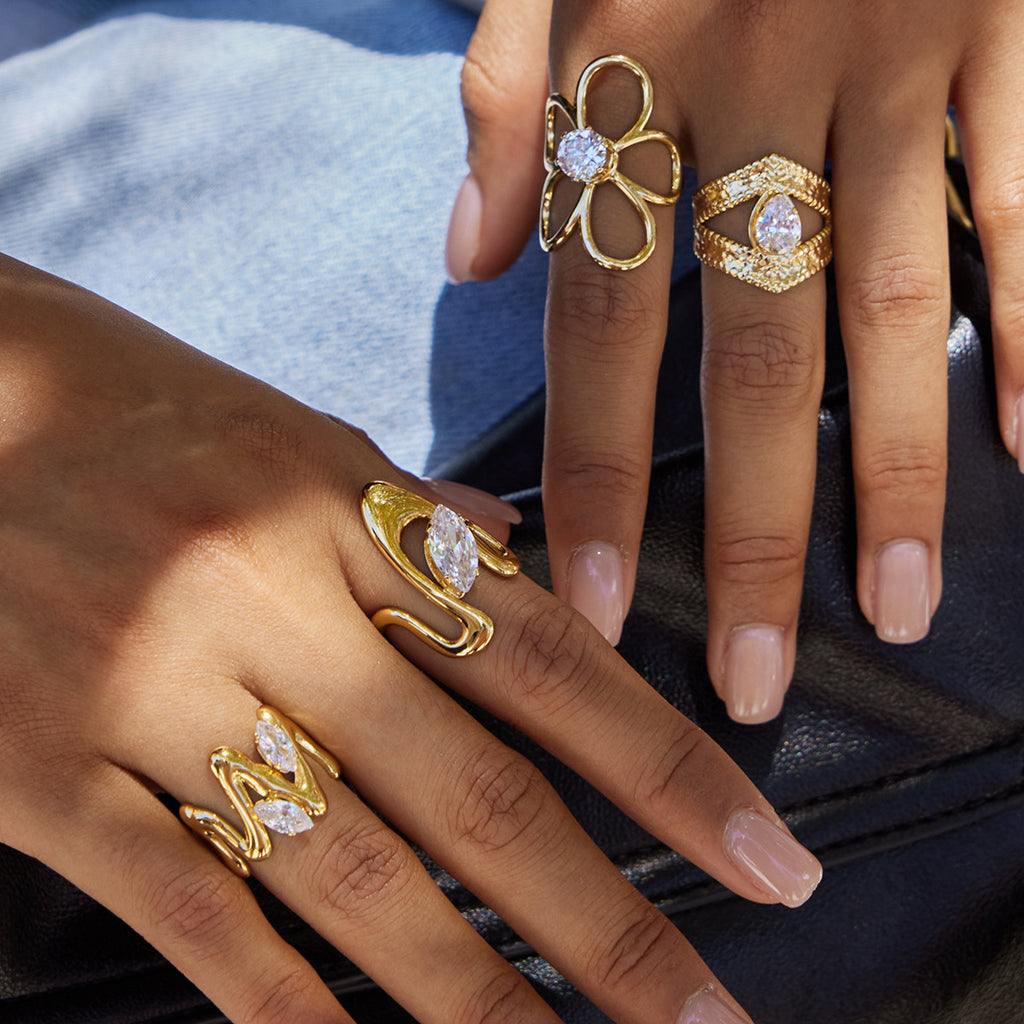 18k Gold Tone Crystal Ring Set - Bow/Heart/Letter/Arrow Designs | INS-Style Stackable Daily/Brunch Finger Jewelry for Women