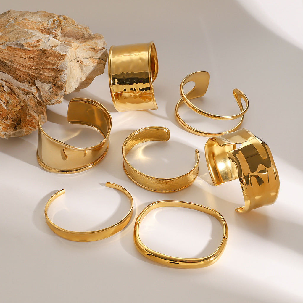 Gold Hammered & Glossy Bracelet Set - Stackable Bold Cuffs | INS-Style 18k Gold Tone Daily/Brunch Wrist Jewelry for Women