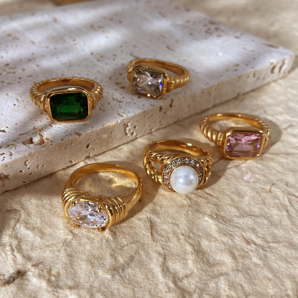 18k Gold Tone Ring Set - Emerald/Sapphire/Pearl/Star Designs | INS-Style Stackable Daily/Brunch Finger Jewelry for Women