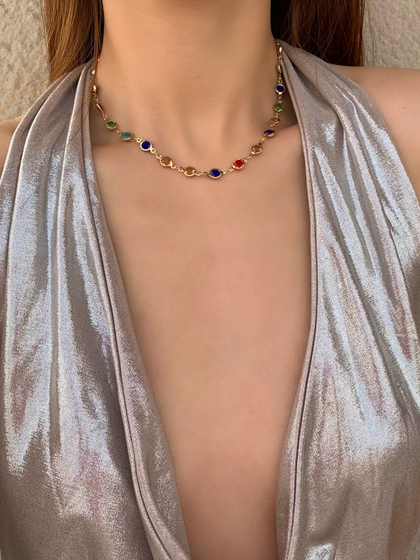 18k Gold Tone Multi-Layer Jewelry Set - Colorful Gem Necklace & Bracelet | INS-Style Daily/Brunch Accessories for Women