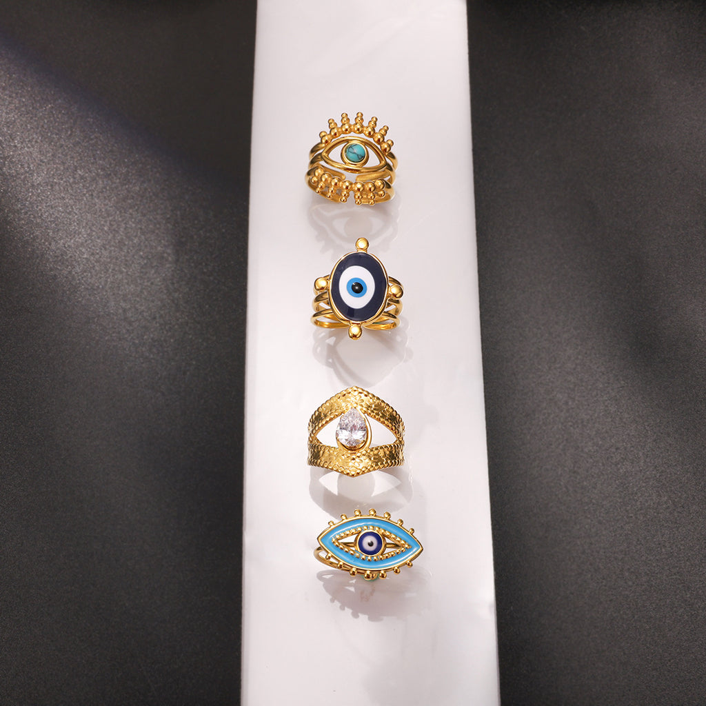 18k Gold Tone Evil Eye Ring Set - Crystal/Colorful Eye Designs | INS-Style Stackable Daily/Brunch Finger Jewelry for Women