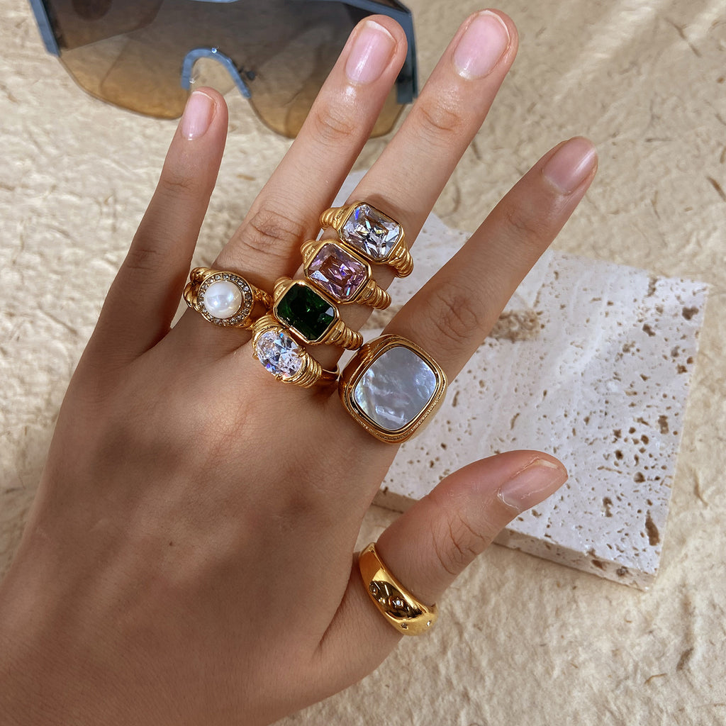 18k Gold Tone Ring Set - Emerald/Sapphire/Pearl/Star Designs | INS-Style Stackable Daily/Brunch Finger Jewelry for Women