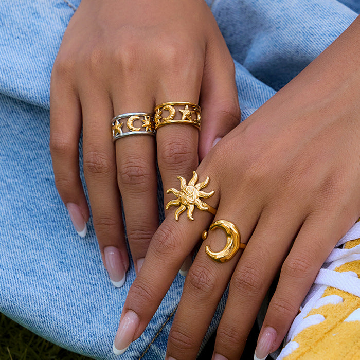 Gold & Silver Celestial Ring Set - Sun/Moon/Star Charms | Boho Layered Statement Jewelry for Women (Daily/Casual/Boho Outfit Wear)