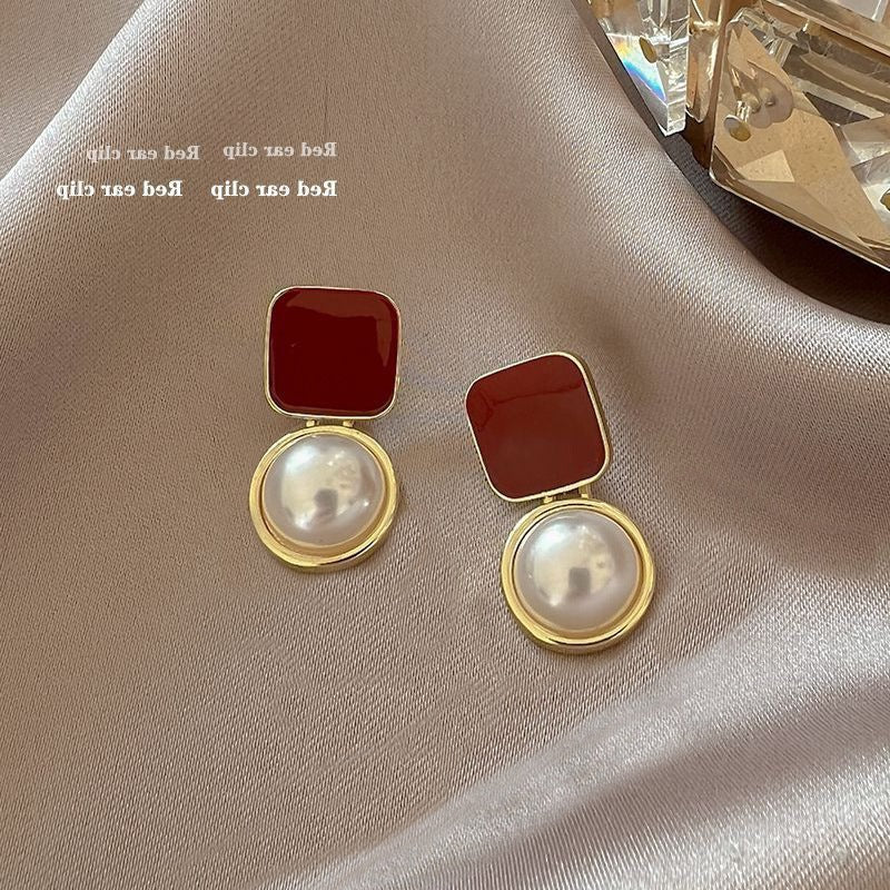 18k Gold Tone Pearl Red Ear Clip Set - Flower/Heart/Geometric Designs | INS-Style No-Piercing Daily/Brunch Accessories for Women