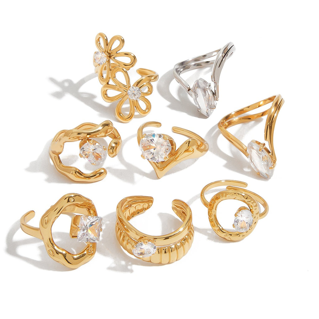 18k Gold/Silver Tone Crystal Ring Set - Snake/Bow/Irregular Designs | INS-Style Stackable Daily/Brunch Finger Jewelry for Women