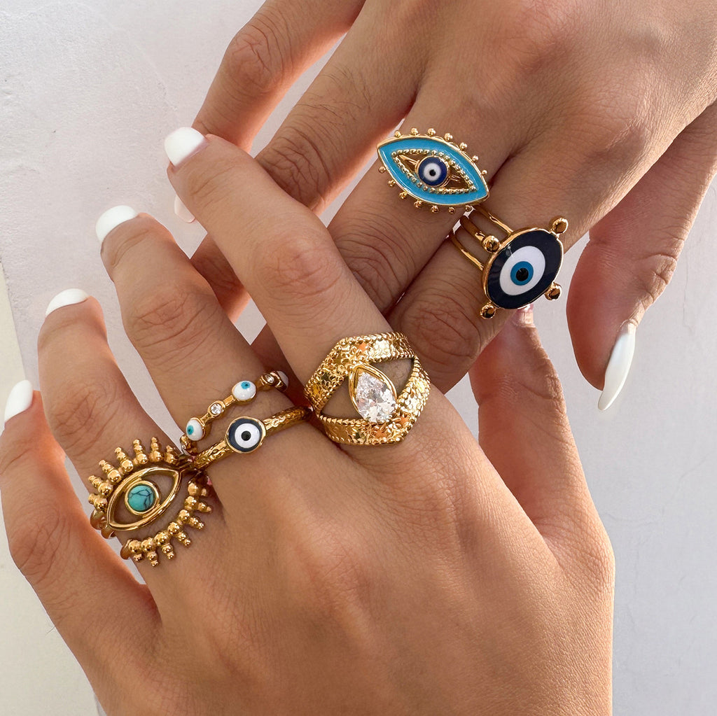 18k Gold Tone Evil Eye Ring Set - Crystal/Colorful Eye Designs | INS-Style Stackable Daily/Brunch Finger Jewelry for Women