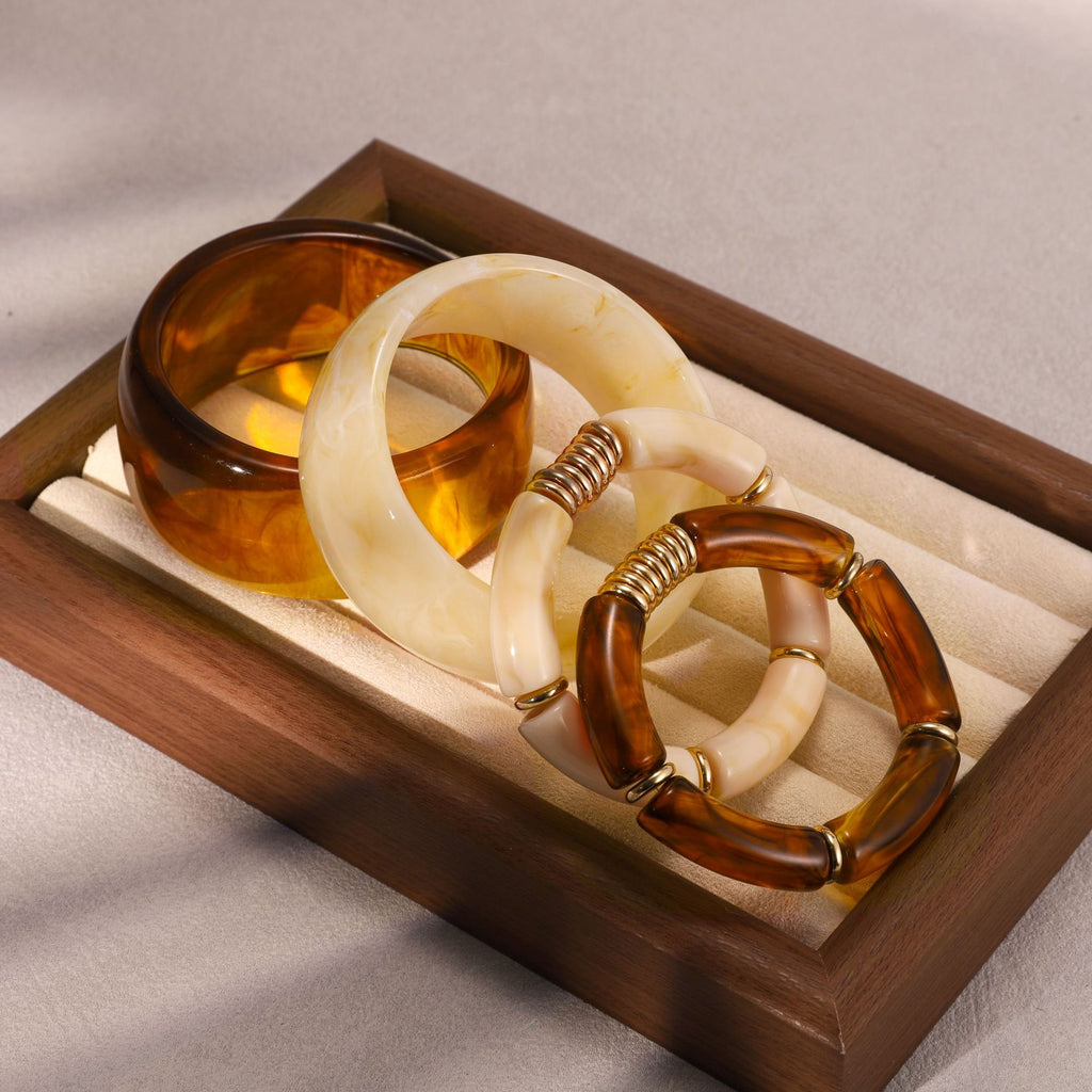 Chunky Tortoise Shell & Cream Resin Bangle Set -  Stackable Acrylic Bamboo Tube Bracelets with Gold Accents