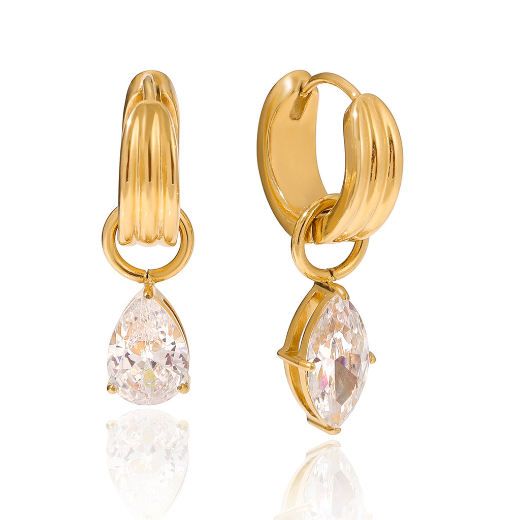 Gold Crystal Ear Set - Stone Cuff/Pear Huggies/Drop Studs | 18k Gold Tone INS-Style Daily/Brunch Ear Jewelry for Women