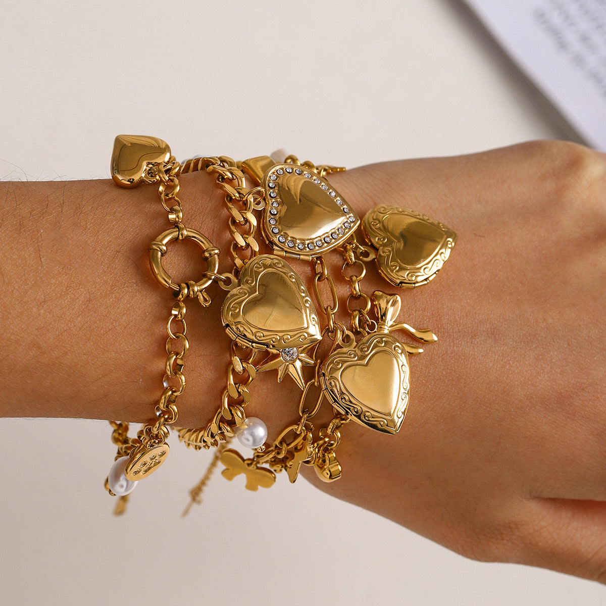 18k Gold Tone Heart Pendant Bracelet Set - Pearl/Star/Bow Charms | INS-Style Stackable Daily/Brunch Wrist Jewelry for Women