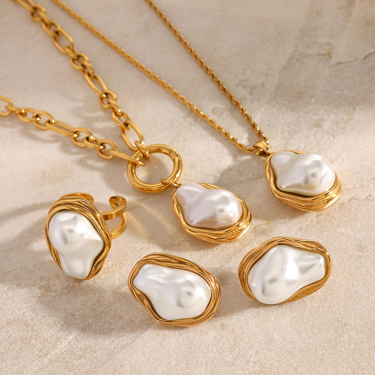 Gold Irregular Frame Baroque Pearl Jewelry Set - Necklace, Ring & Earrings | Organic Luxury Statement Accessories for Women (Daily/Brunch/Formal Wear)