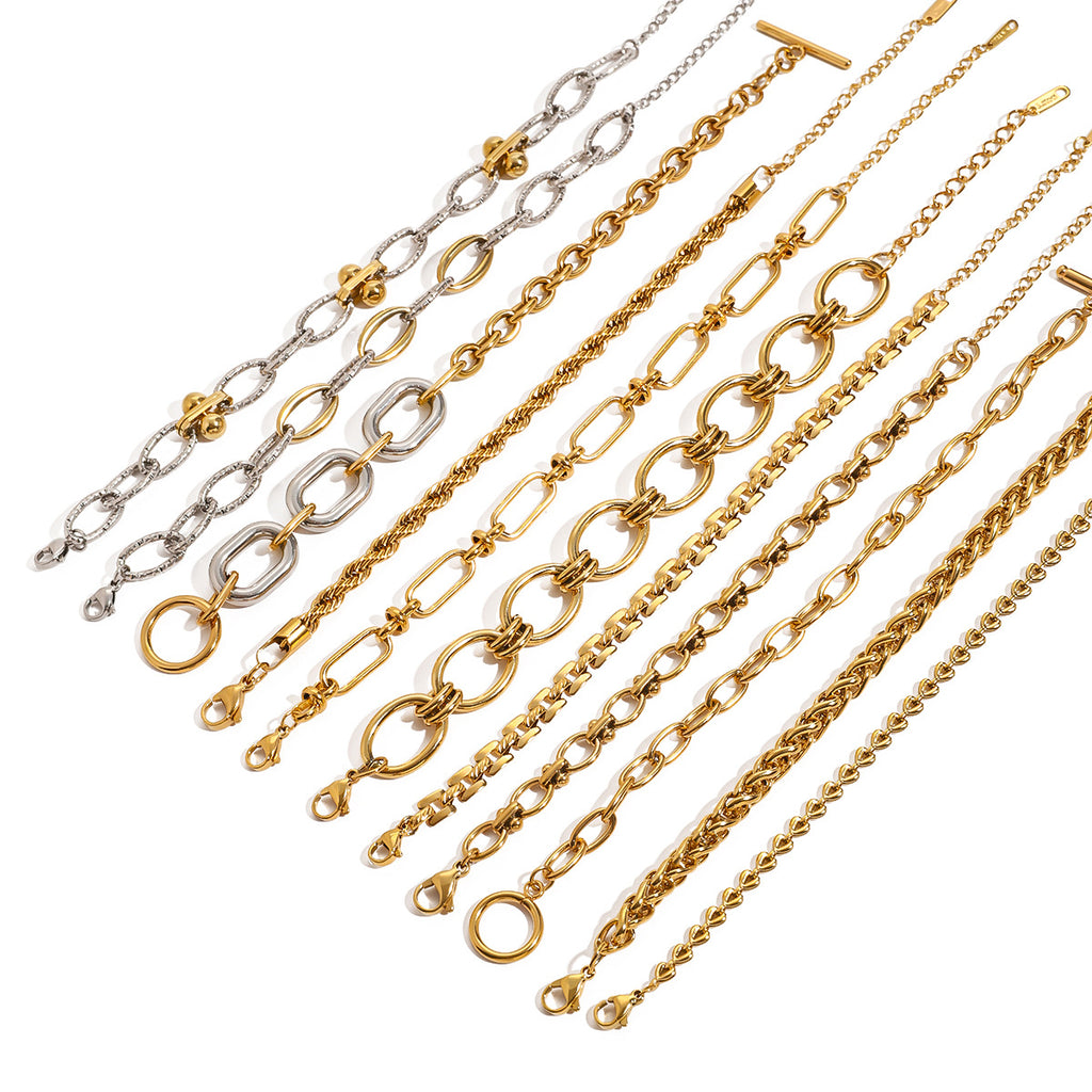 Gold & Silver Multi-Chain Bracelet Set - Oval/Twist/Link Chain Designs | Modern Layered Wrist Jewelry for Women (Daily/Brunch/Casual Wear)