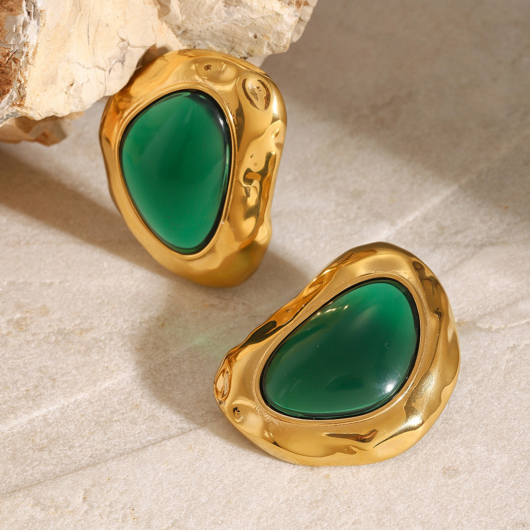 Gold Irregular Texture Emerald Stud Earrings - Bold Organic-Style Statement Jewelry for Women (Party/Formal/Casual Glam Wear)