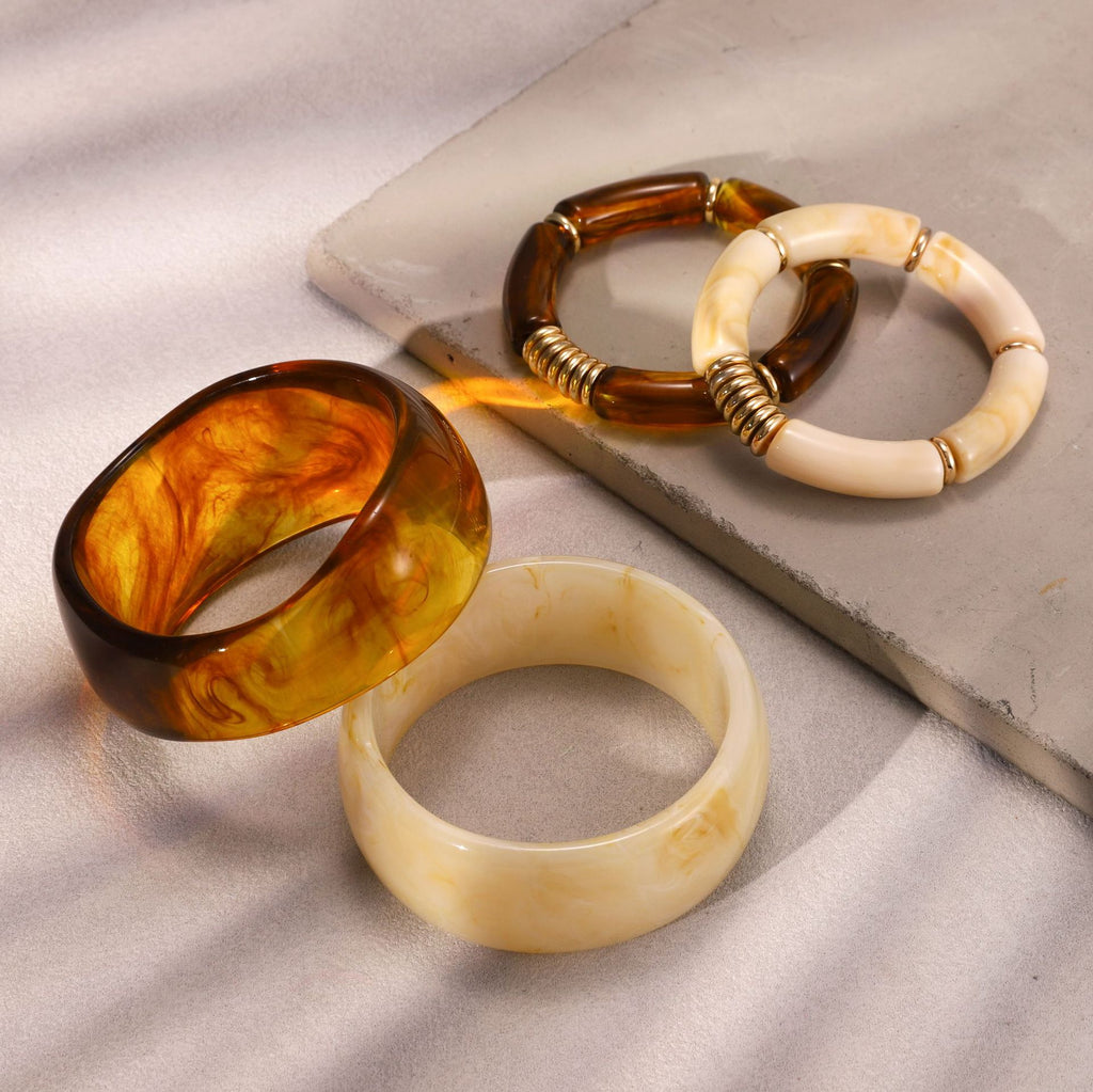 Chunky Tortoise Shell & Cream Resin Bangle Set -  Stackable Acrylic Bamboo Tube Bracelets with Gold Accents