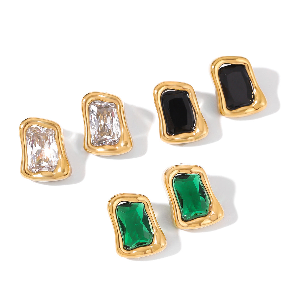 Gold Irregular Frame Gem Stud Earring Set - White/Green/Black Stone Accents | Modern Bold Daily/Brunch Jewelry for Women (Glossy Textured Gold Borders)