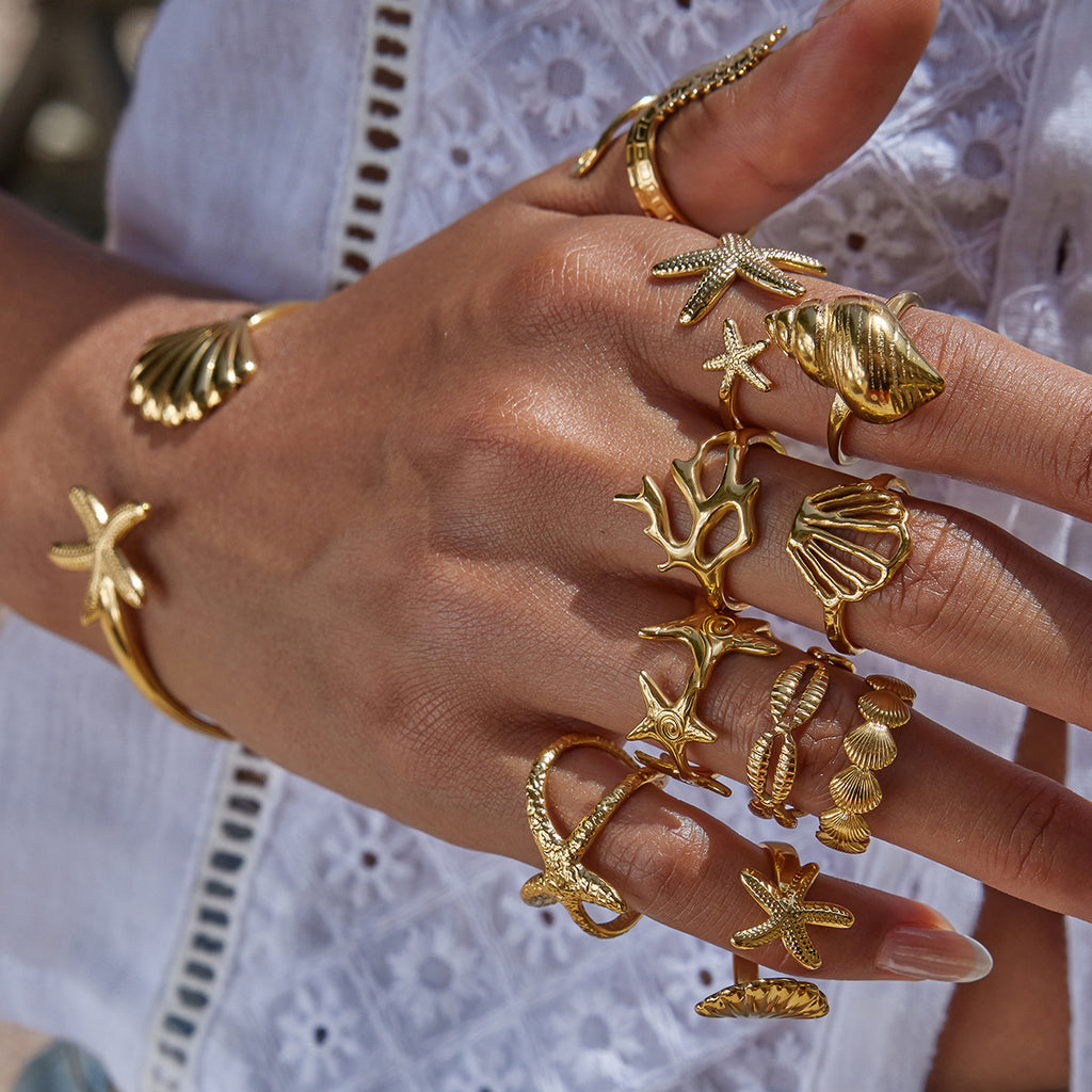 Gold Coastal-Chic Jewelry Set - Starfish/Shell/Coral Rings & Bracelet | Bold Ocean Motif Statement Accessories for Women (Beach/Daily/Brunch Wear)