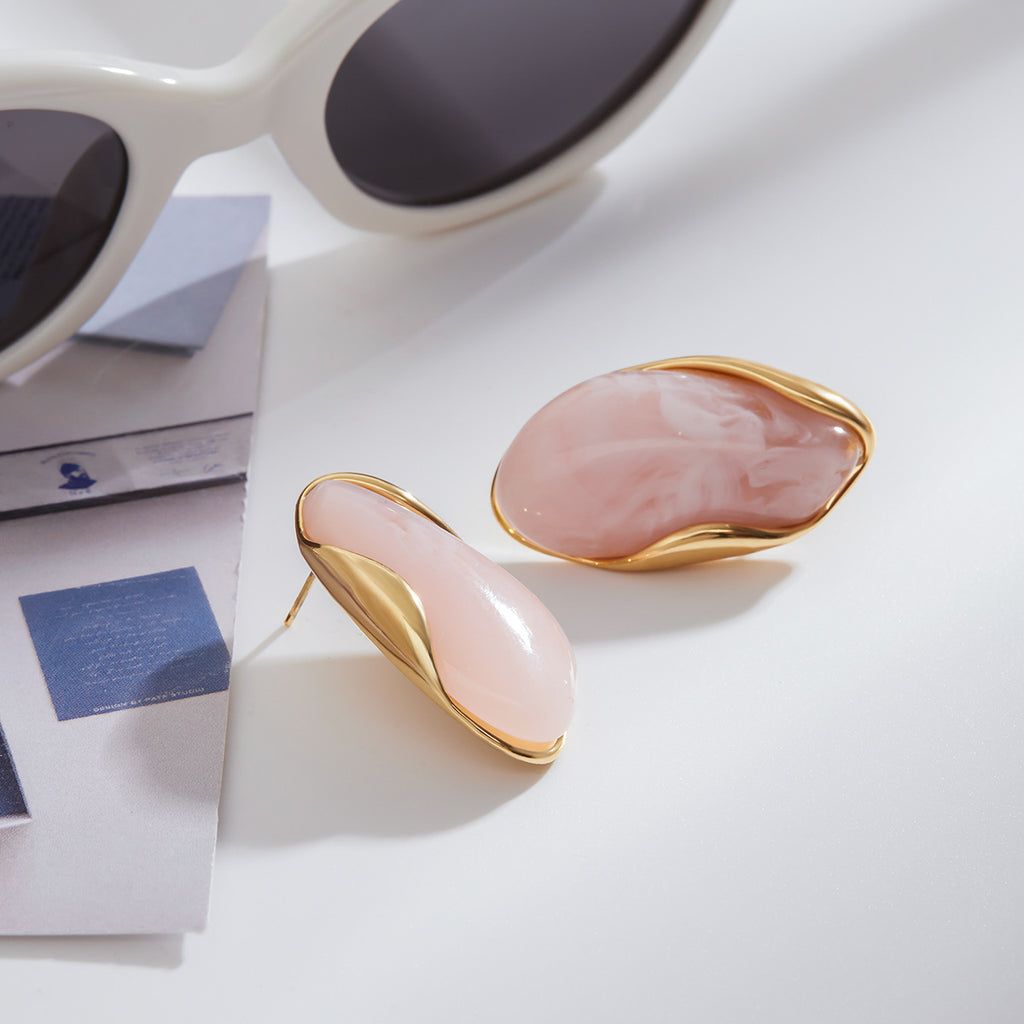 Gold Frame Irregular Gem Drop Earrings - White/Amber/Green/Pink Resin Stone Options | Retro Organic Statement Jewelry for Women (Daily/Brunch/Casual Wear)