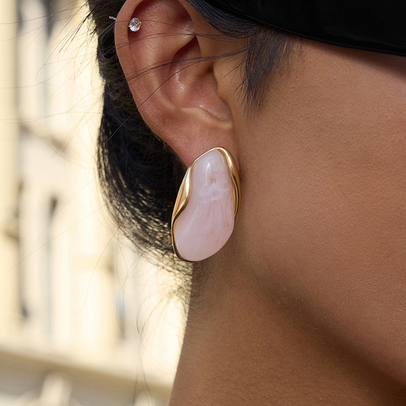 Gold Frame Irregular Gem Drop Earrings - White/Amber/Green/Pink Resin Stone Options | Retro Organic Statement Jewelry for Women (Daily/Brunch/Casual Wear)