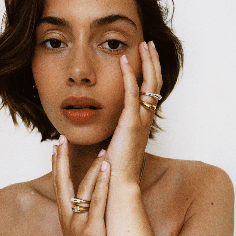 Gold & Silver Tone Gemstone Ring Set - Translucent Oval Stones | 18k INS-Style Minimalist Daily/Brunch Finger Jewelry for Women