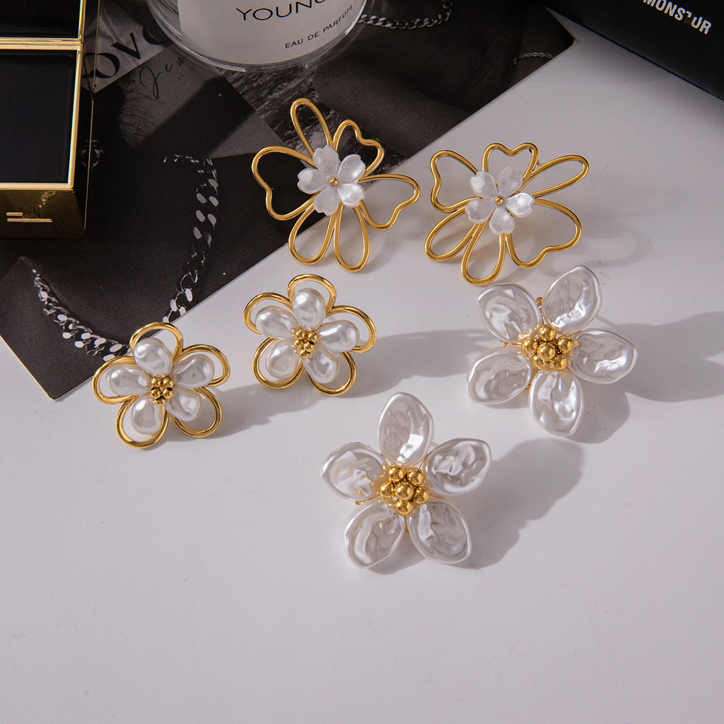 Gold Floral & Pearl Earring Set - Multi-Style Blossom/Leaf/Geometric Designs | Retro Elegant Daily/Brunch Jewelry for Women (Glossy Gold + Pearl/Floral Accents)