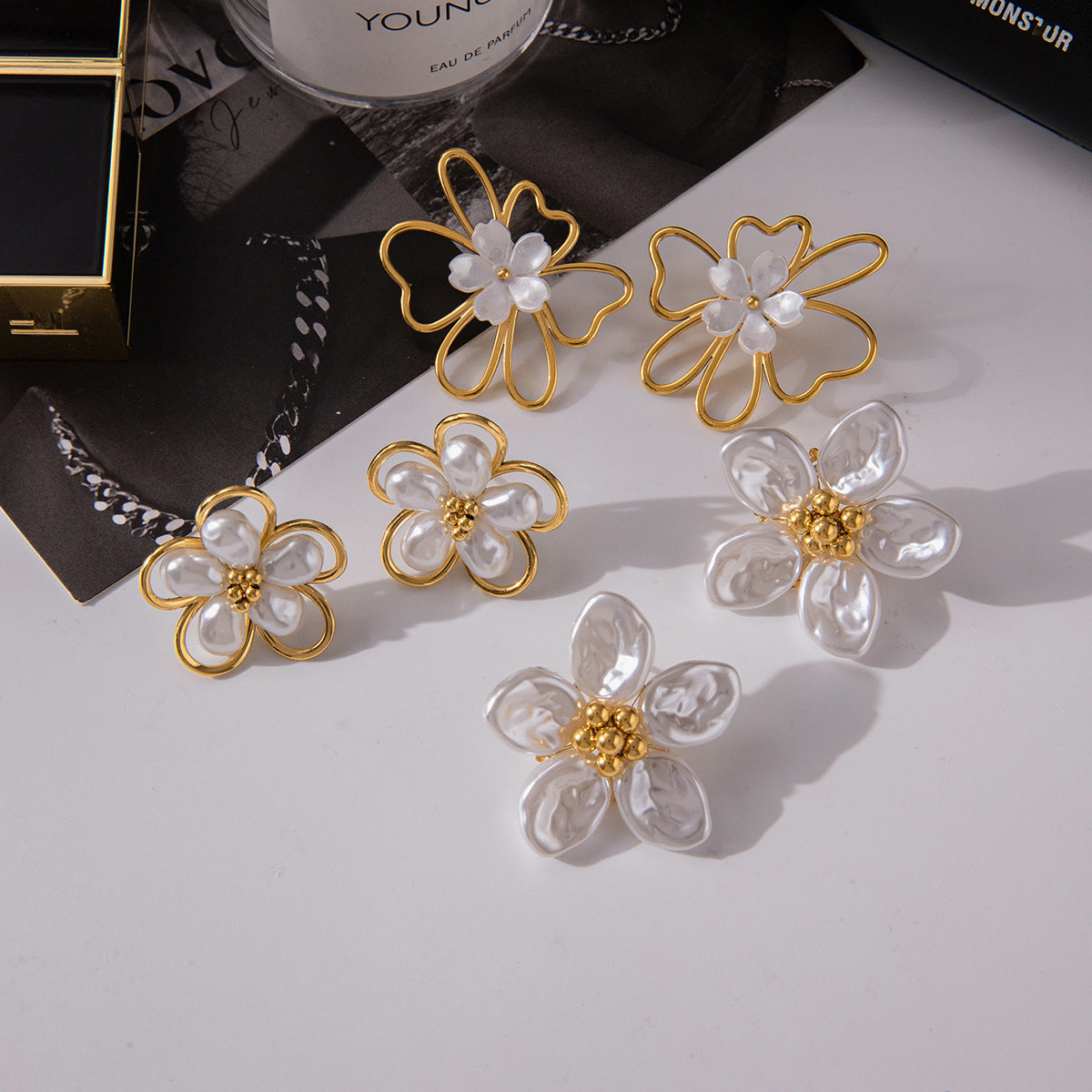 Gold Floral & Pearl Earring Set - Multi-Style Blossom/Leaf/Geometric Designs | Retro Elegant Daily/Brunch Jewelry for Women (Glossy Gold + Pearl/Floral Accents)