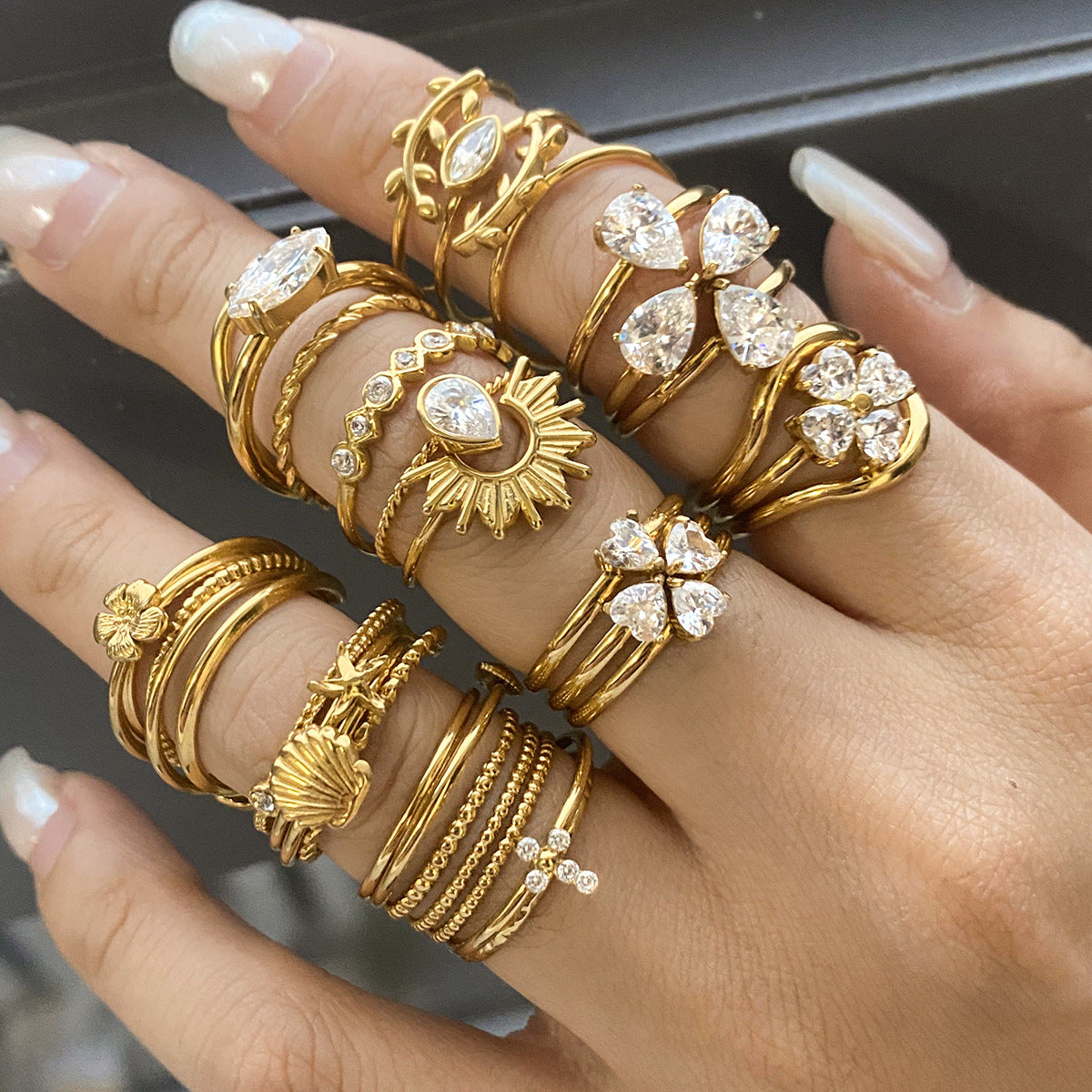 Gold Multi-Design Ring Set - Crystal/Sunburst/Shell/Floral Accents | 18k Gold Tone INS-Style Stackable Daily/Brunch Finger Jewelry for Women