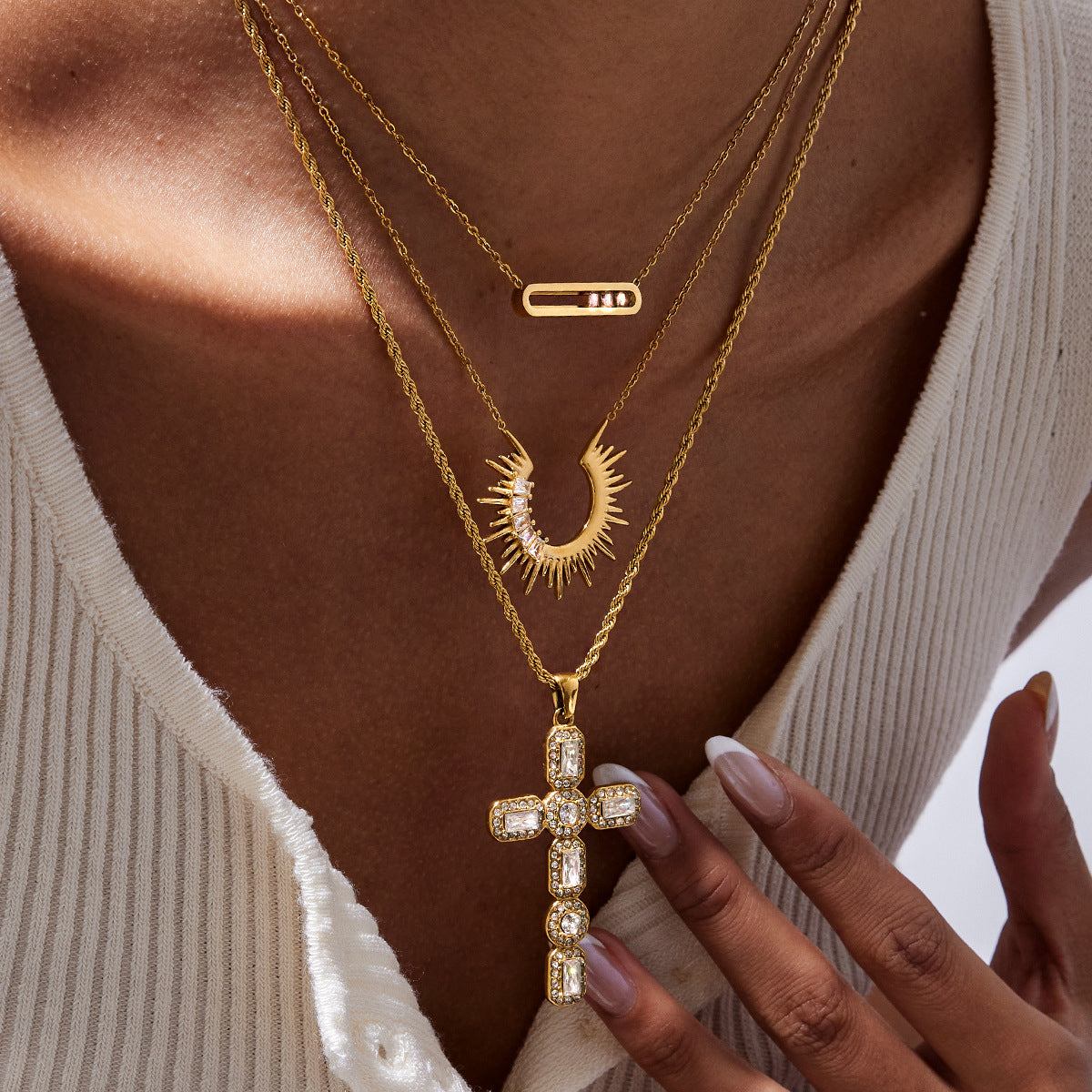 Gold Multi-Layer Necklace Set - Cross/Sunburst/Bar Pendants | 18k Gold Tone INS-Style Daily/Brunch Neck Jewelry for Women