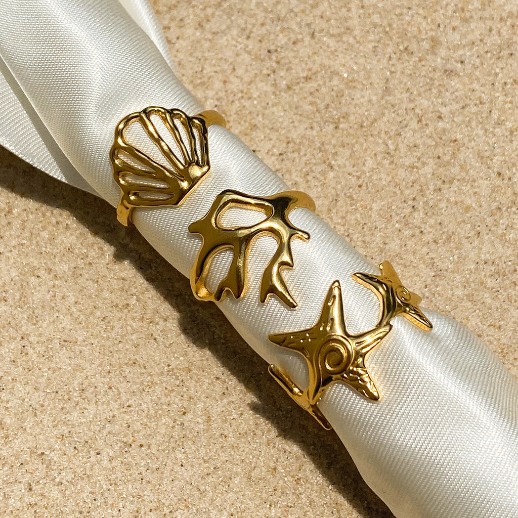 Gold Coastal-Chic Jewelry Set - Starfish/Shell/Coral Rings & Bracelet | Bold Ocean Motif Statement Accessories for Women (Beach/Daily/Brunch Wear)