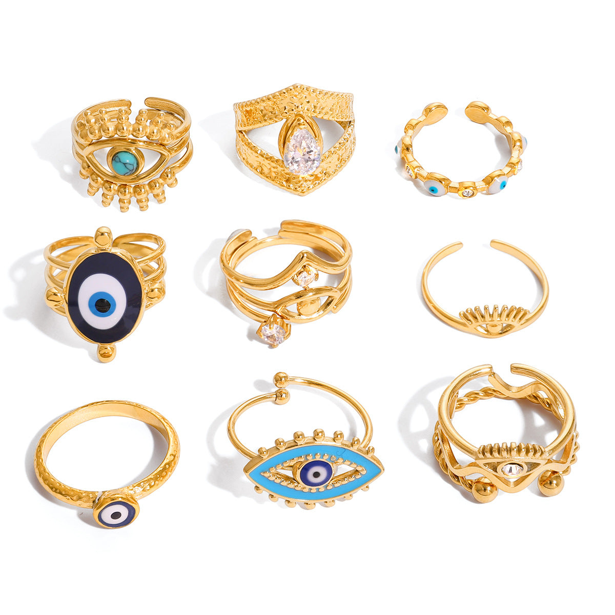 18k Gold Tone Evil Eye Ring Set - Crystal/Colorful Eye Designs | INS-Style Stackable Daily/Brunch Finger Jewelry for Women