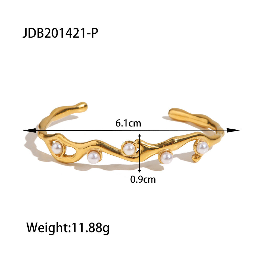 18k Gold Tone Bracelet Set - Hammered Wide Cuffs & Pearl-Accent Thin Bands | INS-Style Stackable Daily/Brunch Wrist Jewelry for Women