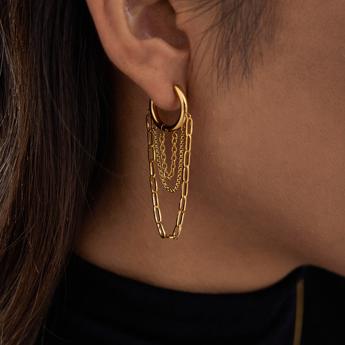 18K Gold-Plated Stainless Steel 2-Tone (Gold & Silver) Chain Fringe Oversized Hoop Earrings | Trendy INS-Style Statement Jewelry for Women | Bold Chic Fringe Hoop Earrings for Daily Wear & Party Outfits
