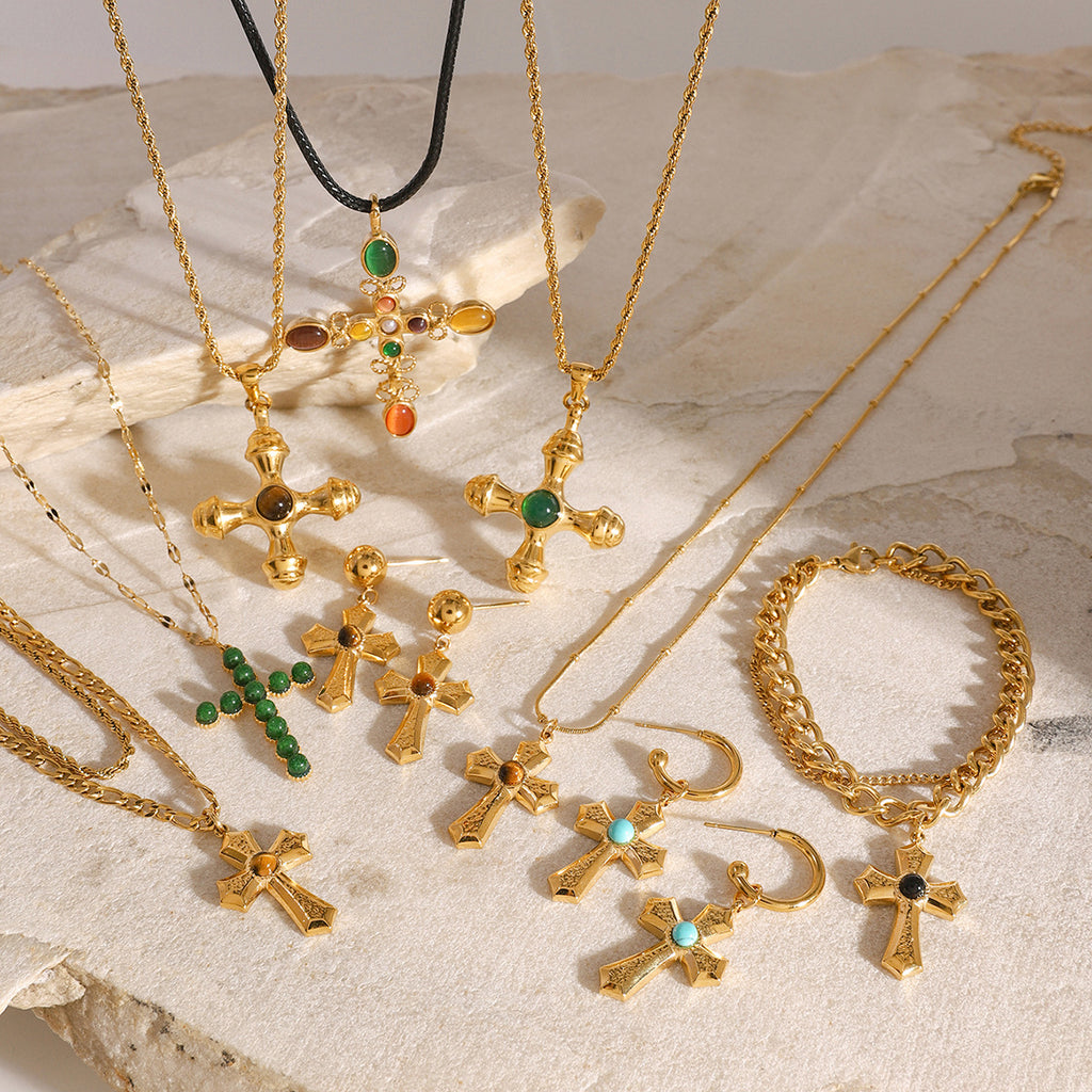 Gold Cross Necklace Set - Multi-Style Vintage Religious Statement Necklaces with Gemstones & CZ for Women