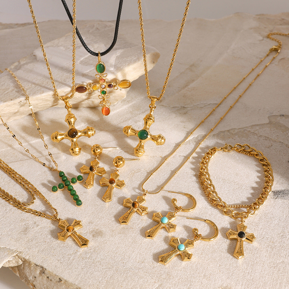 Gold Cross Necklace Set - Multi-Style Vintage Religious Statement Necklaces with Gemstones & CZ for Women