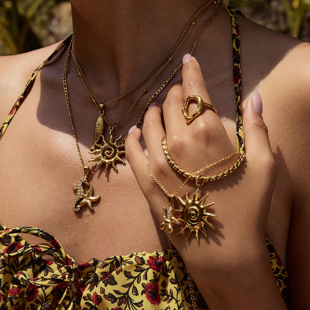 18k Gold Tone Ocean-Themed Jewelry Set - Seahorse/Starfish/Sun Pendants | INS-Style Necklace/Bracelet/Ring Daily/Brunch Accessories for Women 2. Google SEO Title