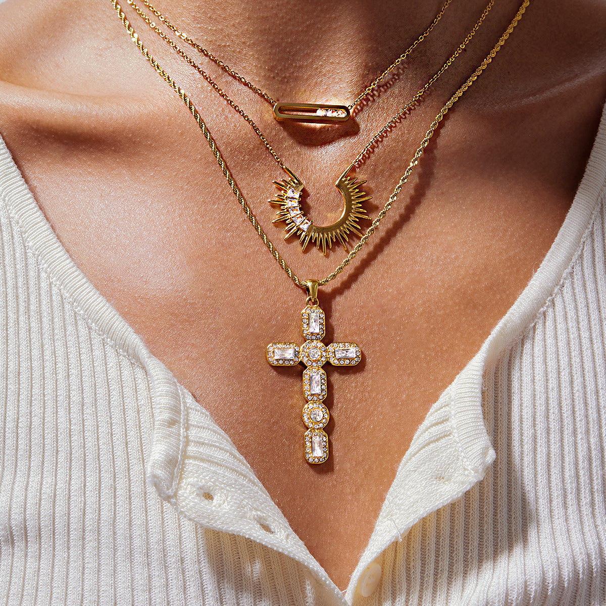 Gold Multi-Layer Necklace Set - Cross/Sunburst/Bar Pendants | 18k Gold Tone INS-Style Daily/Brunch Neck Jewelry for Women