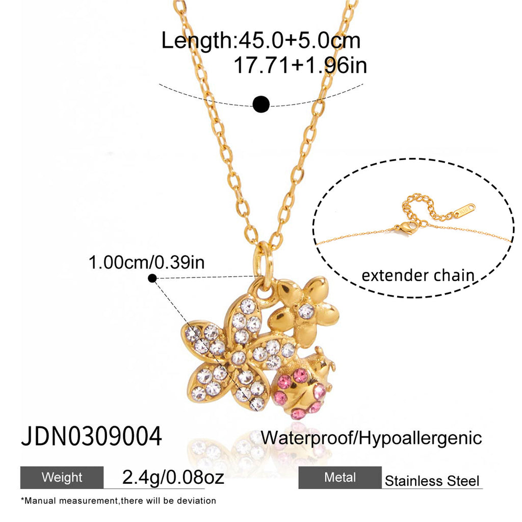 Gold Layered Insect Pendant Necklace Set - CZ Ladybug Dragonfly Statement Jewelry for Women