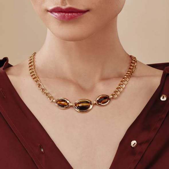 Gold Chunky Chain Choker Necklace with Tiger Eye Oval Accents - Vintage Statement Jewelry for Women