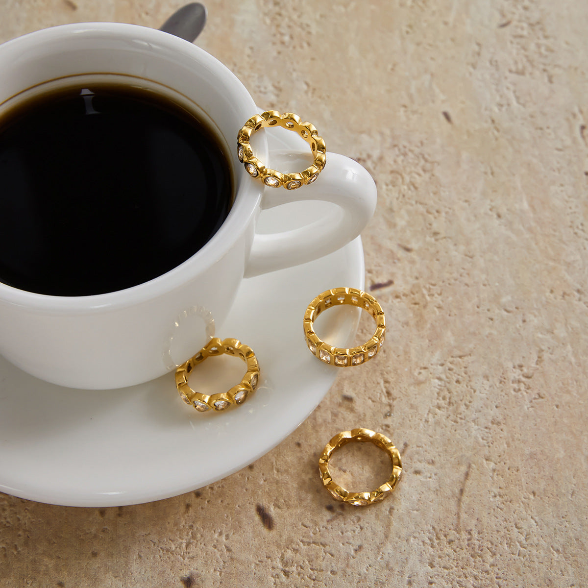 Gold Crystal Ring Set - Teardrop/Square/Heart/Circle Accents | 18k Gold Tone INS-Style Stackable Daily/Brunch Finger Jewelry for Women