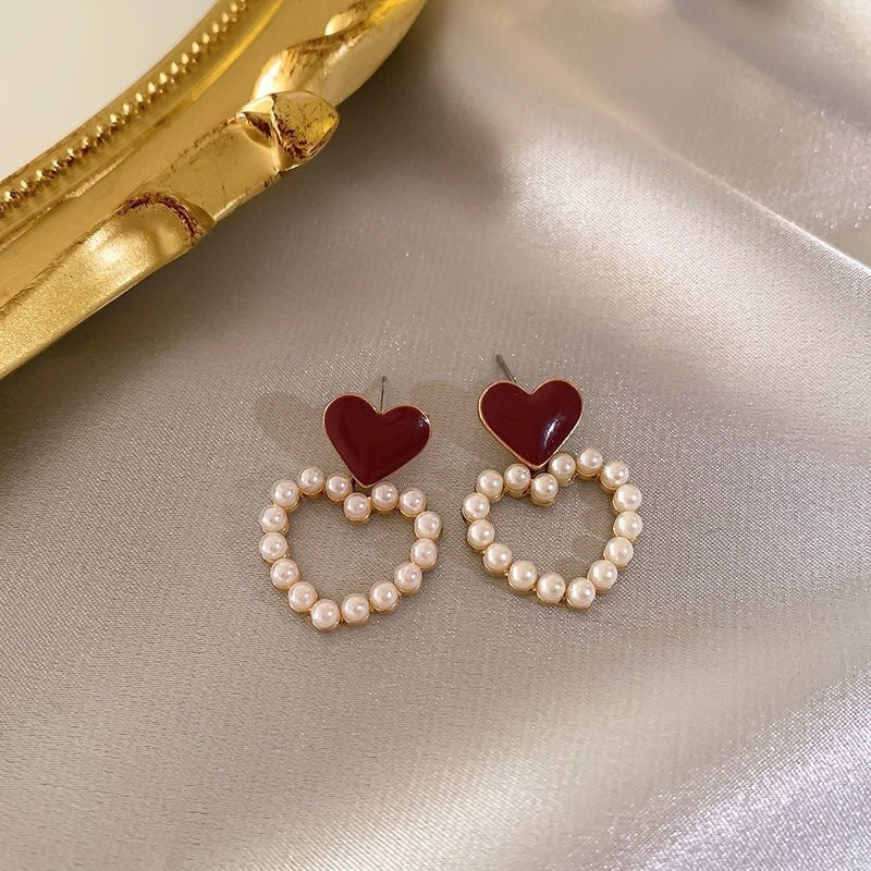 18k Gold Tone Pearl Red Ear Clip Set - Flower/Heart/Geometric Designs | INS-Style No-Piercing Daily/Brunch Accessories for Women