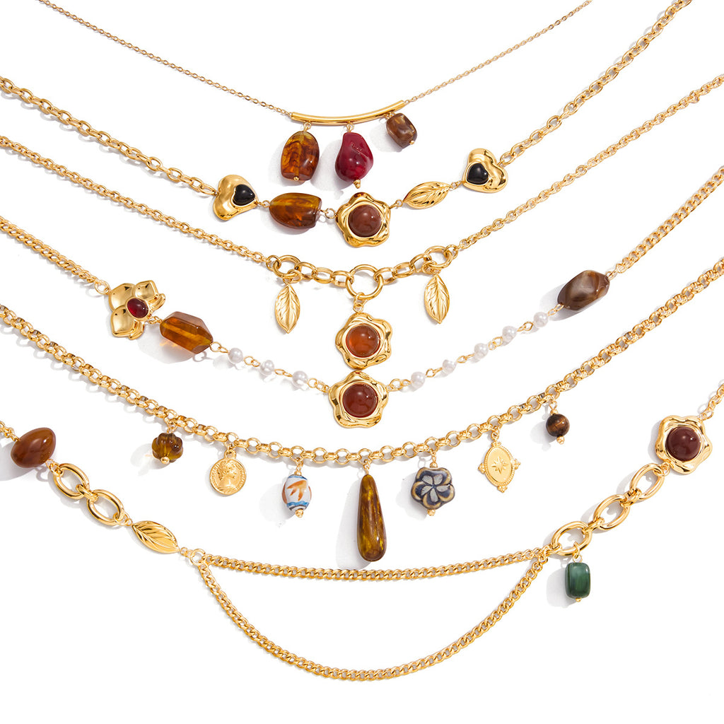 Gold Layered Retro Gem Necklace Set - Pearl/Heart/Leaf/Coin Charms | Vintage Luxury Statement Jewelry for Women (Daily/Party Wear)